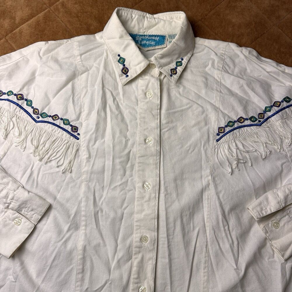 Vintage 90s Southwest Canyon Fringe Shirt Womens Medium White Cotton Western